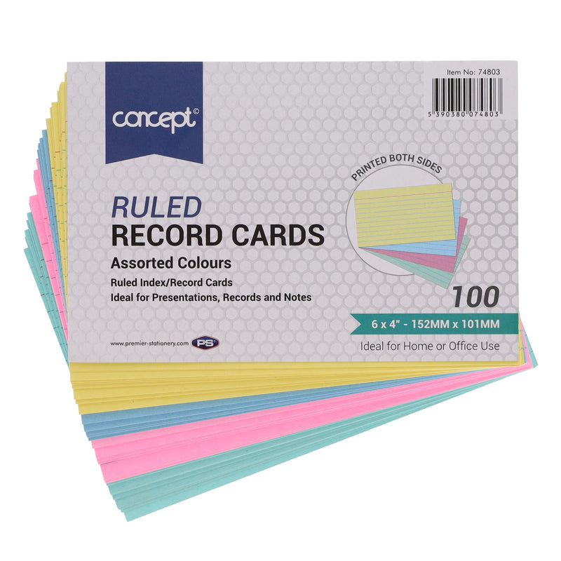 Concept 6 x 4 Ruled Record Cards - Colour - Pack of 100