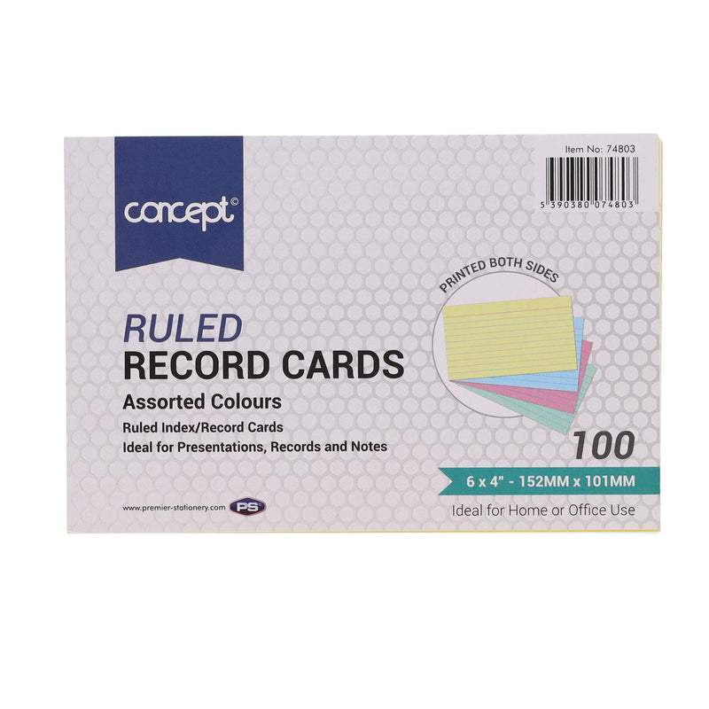 Concept 6 x 4 Ruled Record Cards - Colour - Pack of 100