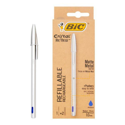 BIC Cristal Re'New Refillable Ballpoint Pen + 2 Refills - Blue Ink