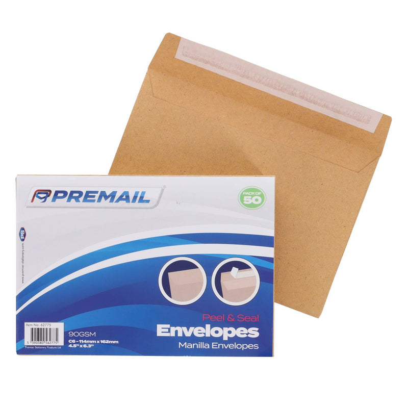 Premail C6 Peel & Seal Envelopes - 116 x 167mm - Manilla - Pack of 50