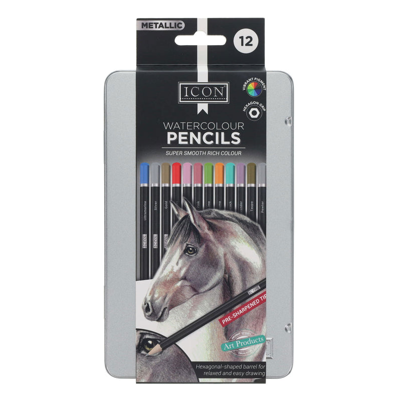 Icon Tin Watercolour Pencils - Metallic - Box 12