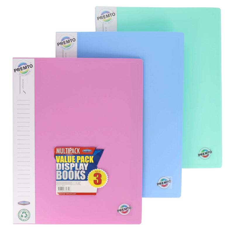 Premto A4 Pocket Display Book - Pastel - 20 Pockets - Pack of 3