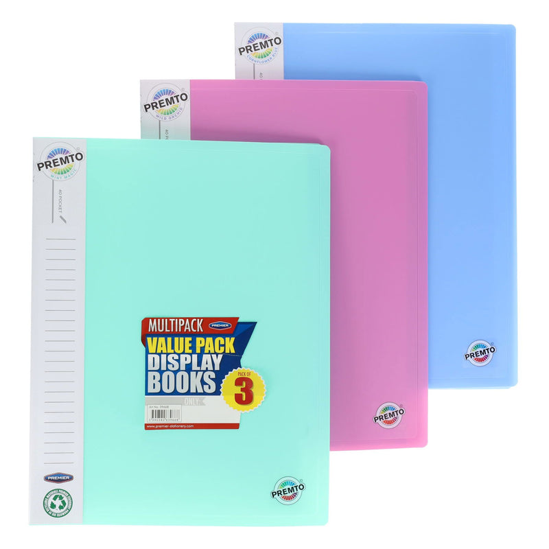 Premto A4 Pocket Display Book - Pastel - 40 Pockets - Pack of 3