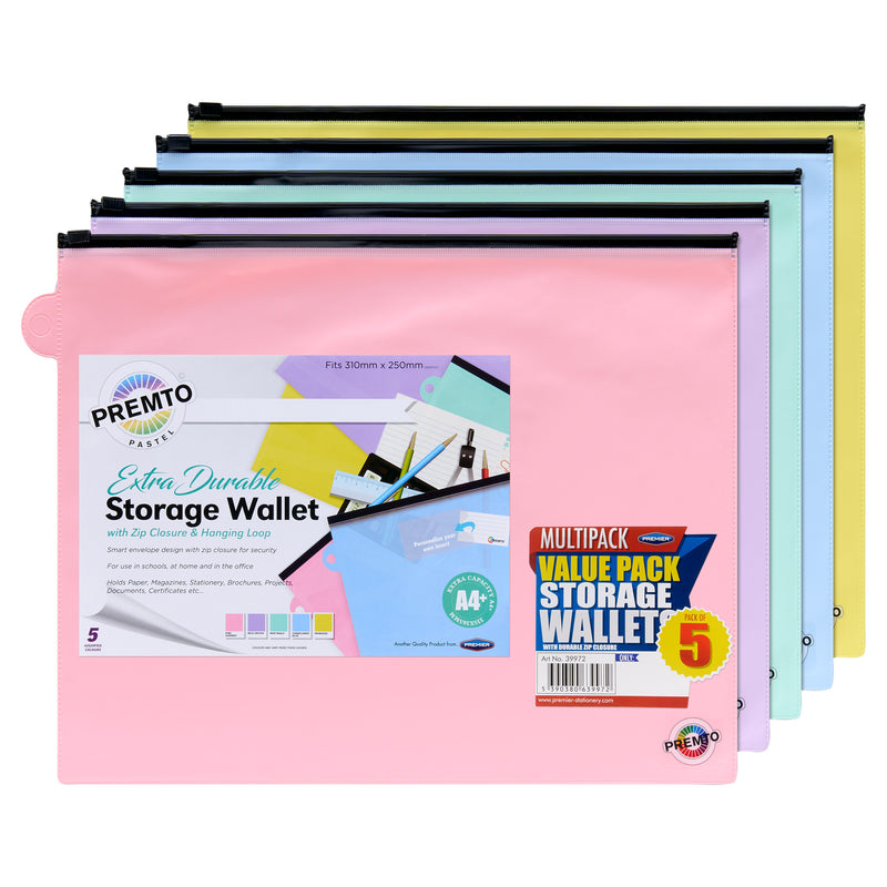 Premto Multipack| Extra Durable Storage Pvc Wallet - A4+ Pack of 5 Pastel