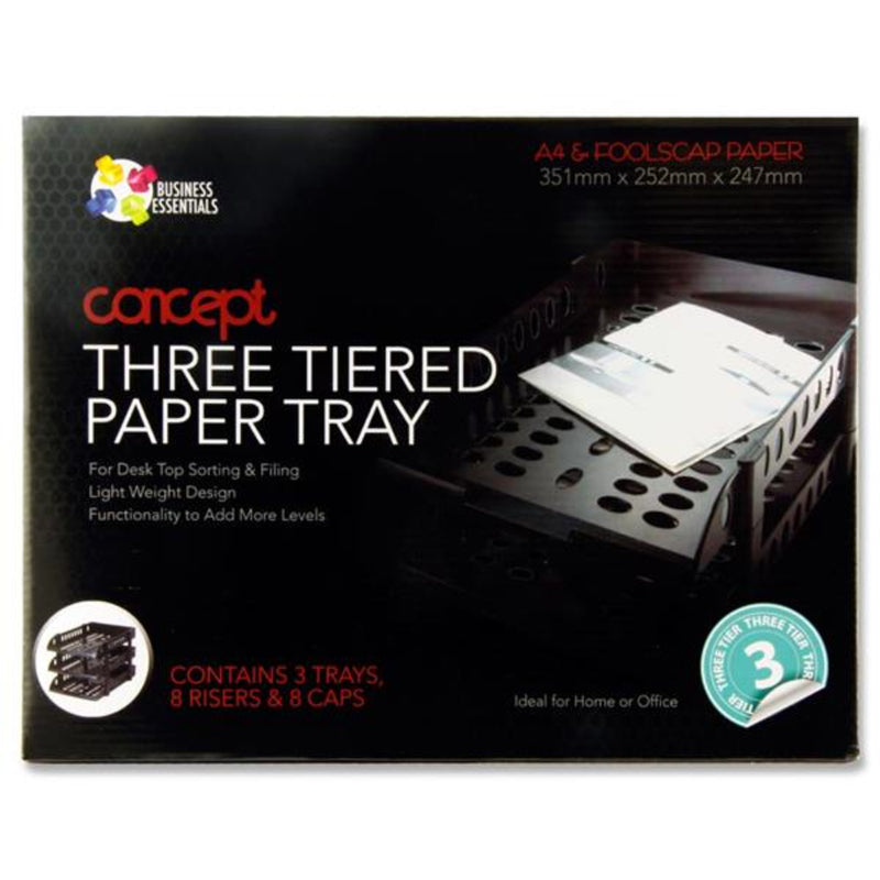 Concept 3 Tiered A4/Foolscap Paper & Letter Tray - Black