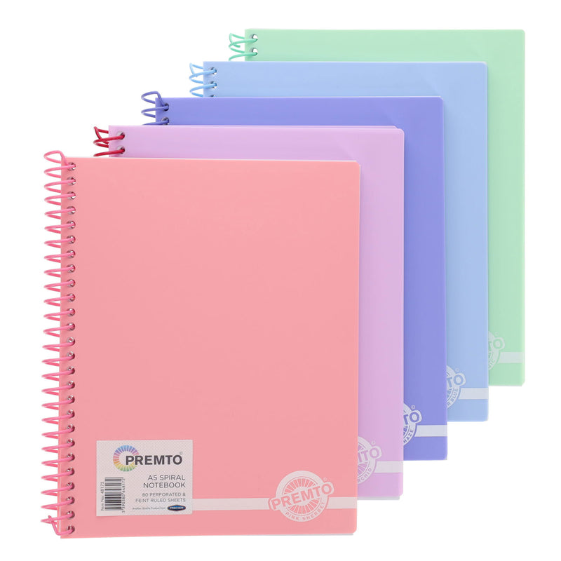 Premto Pastel A5 Spiral Notebook PP - 160 Pages - Pack of 5