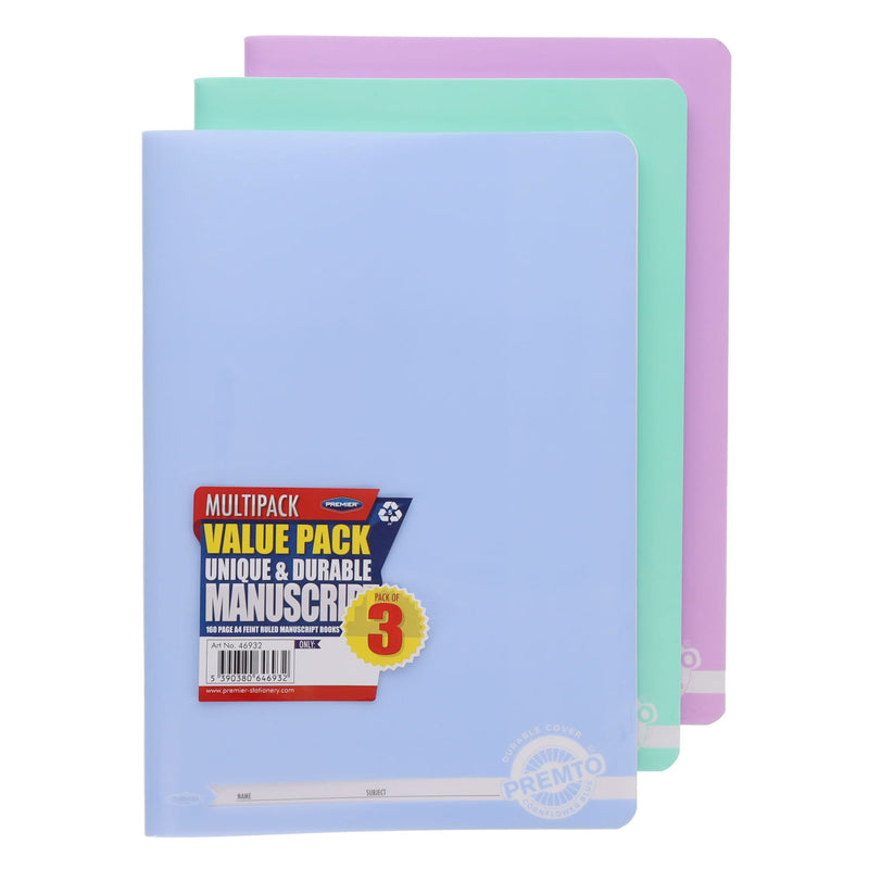 Premto Pastel Multipack | A4 Durable Cover Manuscript Book - 160 Pages - Pack of 3