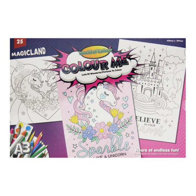 World of Colour A3 Colouring Book - 25 Sheets - Magicland with Unicorns