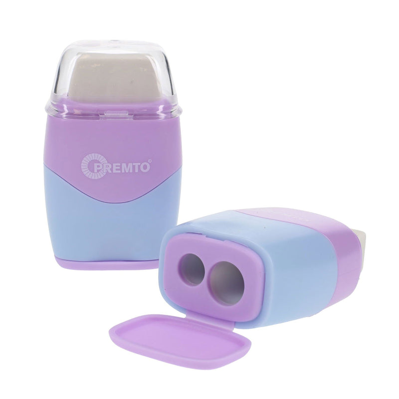 Premto Pastel Twin Hole Sharpener with Eraser - Wild Orchid and Cornflower Blue