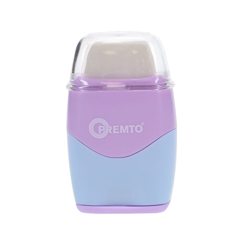 Premto Pastel Twin Hole Sharpener with Eraser - Wild Orchid and Cornflower Blue