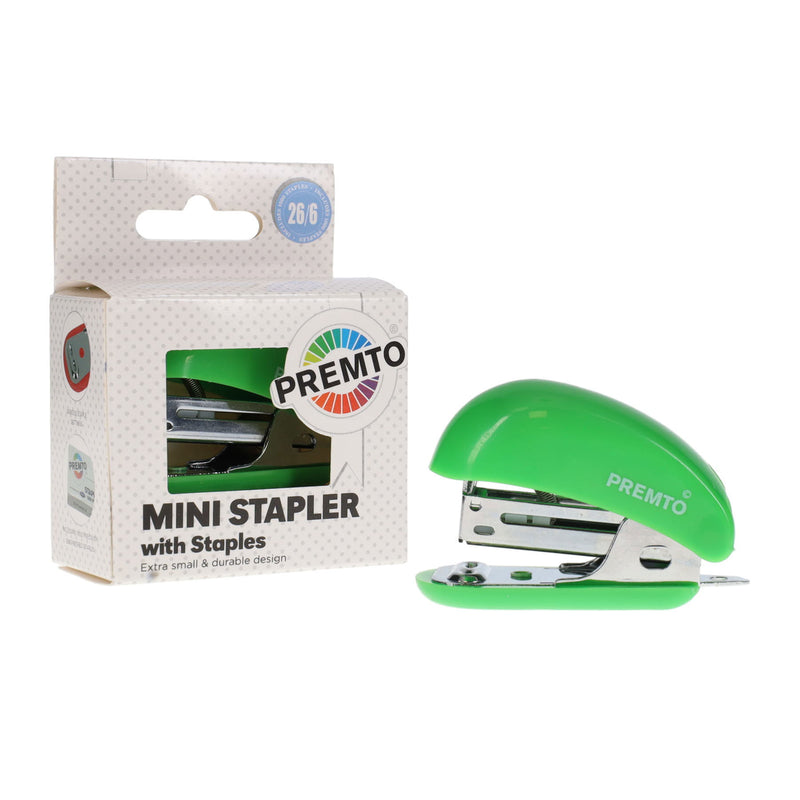 Premto Mini Stapler with 1000 Staples - 26/6 - Caterpillar Green