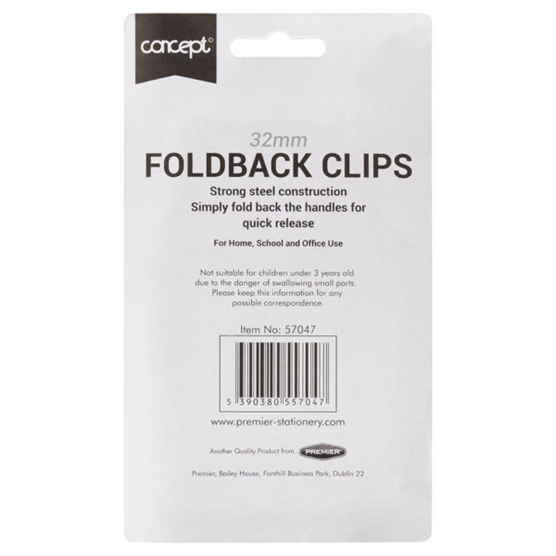 Concept 32mm Fold Back Binder Clips - Black - Pack of 6