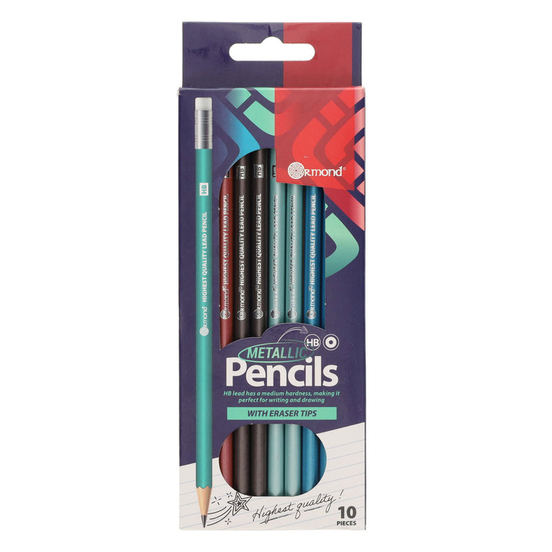 Ormond Wallet of 10 HB Eraser Tipped Pencils - Metallic