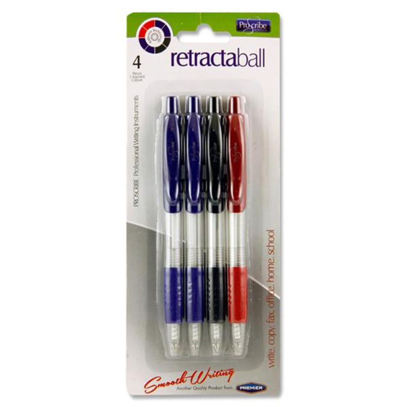 Pro:Scribe Retractaball Pens - Blue, Red, Black Ink - Pack of 4