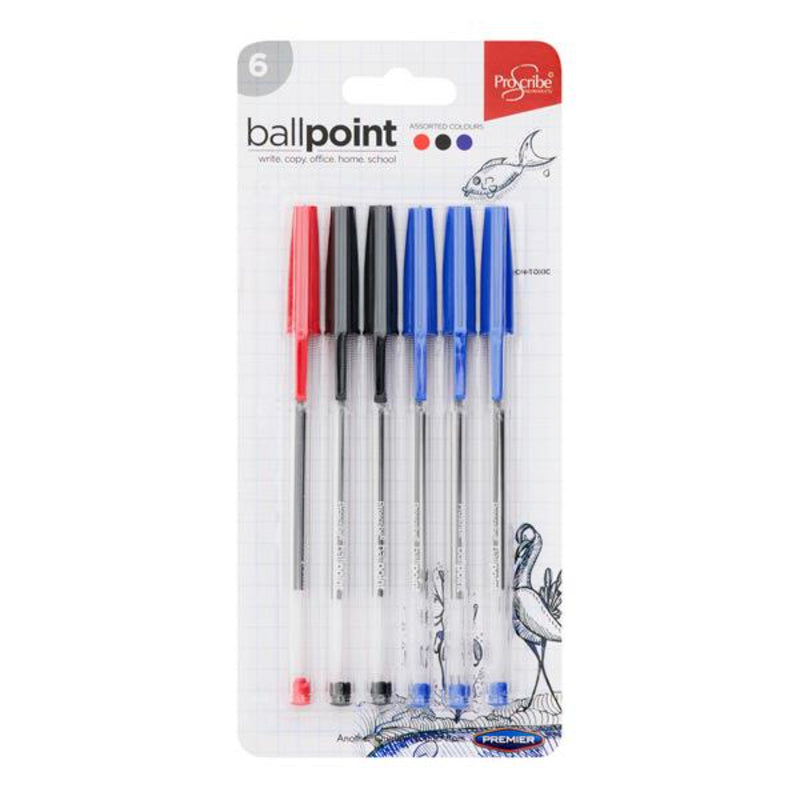 Pro:Scribe Ballpoint Pens - Blue, Red, Black Ink - Pack of 6