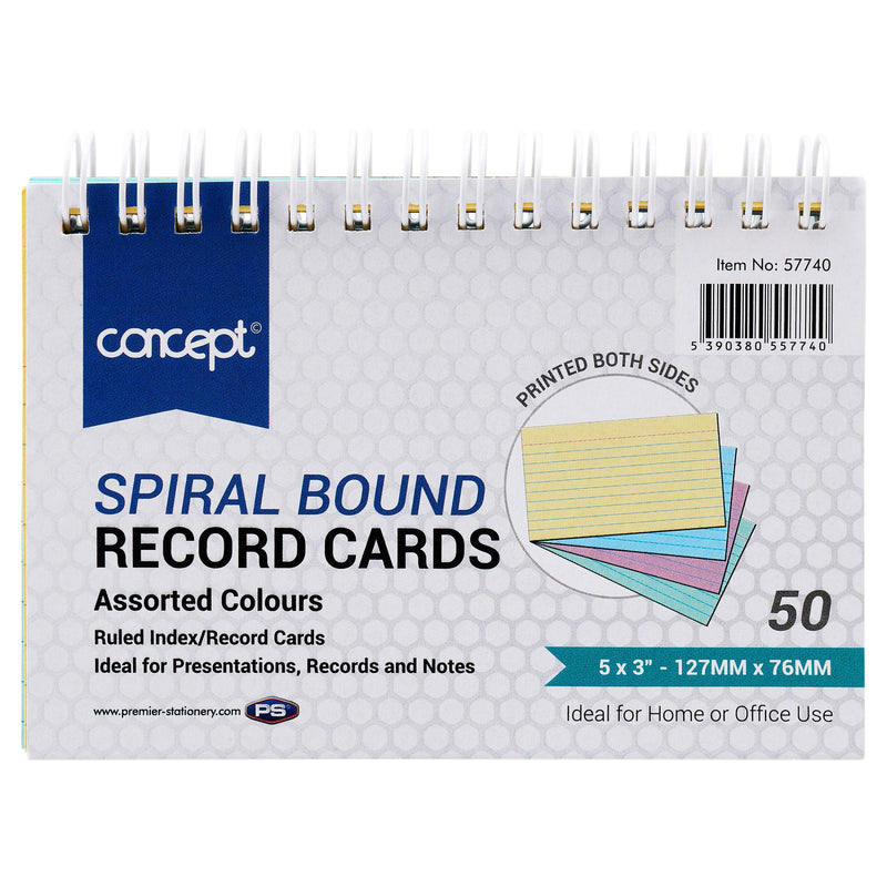 Concept 5x3 Spiral Ruled Index Cards - Colour - 50 Cards