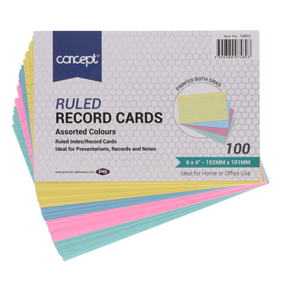Concept 6 x 4 Ruled Record Cards - Colour - Pack of 100
