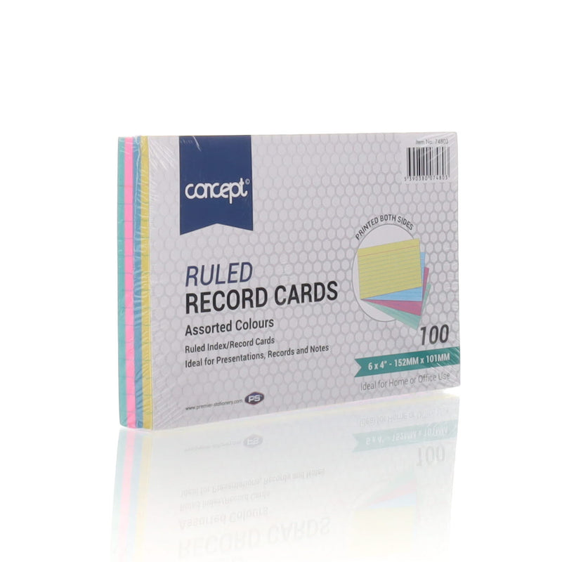 Concept 6 x 4 Ruled Record Cards - Colour - Pack of 100