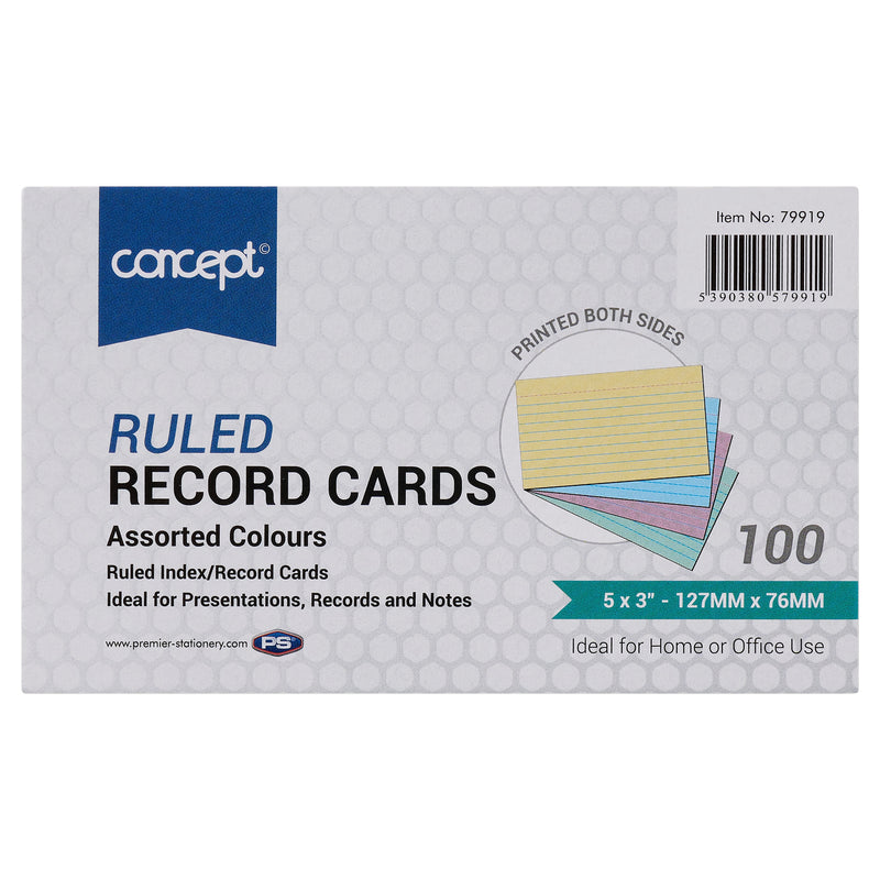 Concept 5 x 3 Ruled Record Cards - Colour - Pack of 100