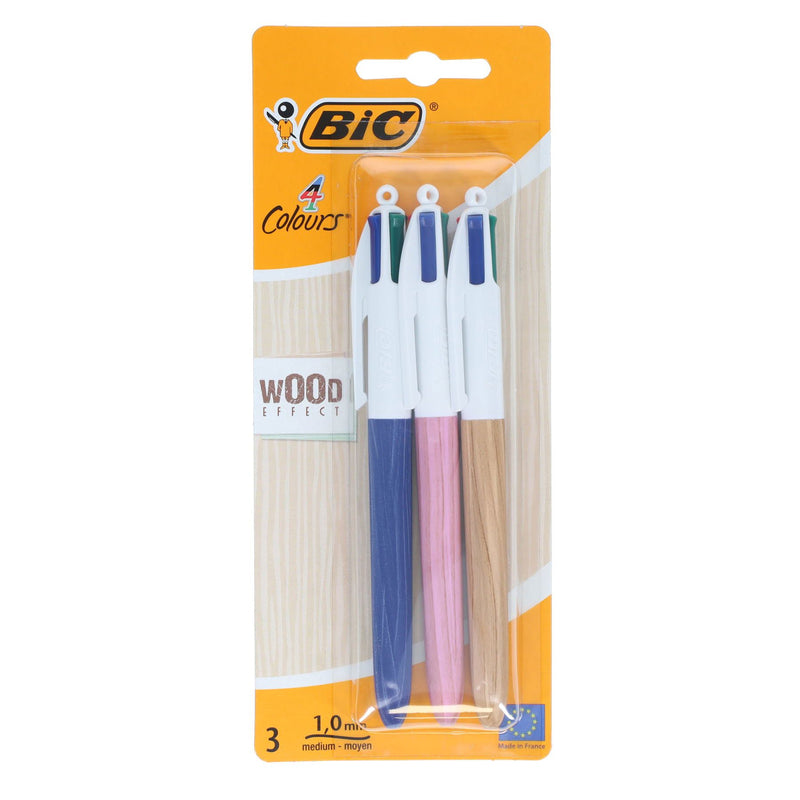 BIC 4 Colour Ballpoint Pens Wood Effect - Pack of 3