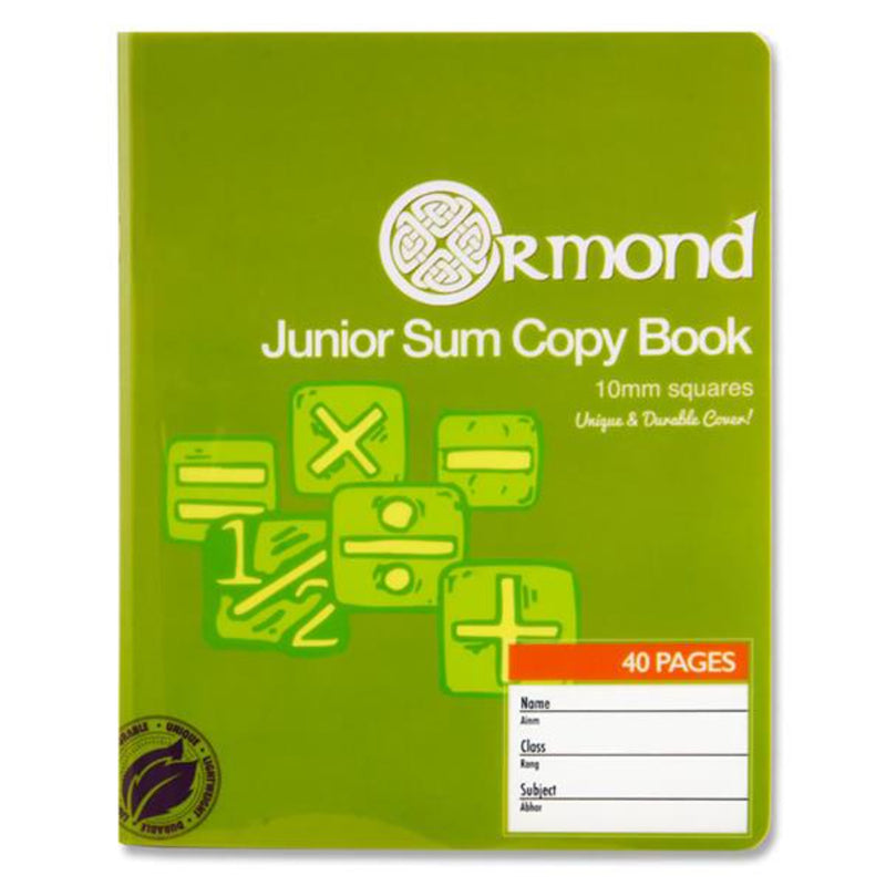 Ormond Squared Paper Durable Cover Junior Sum Copy Book - 10mm Squares - 40 Pages - Green