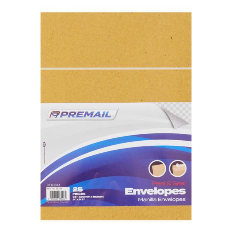 Premail C5 Peel & Seal Window Envelopes - Manilla - Pack of 25