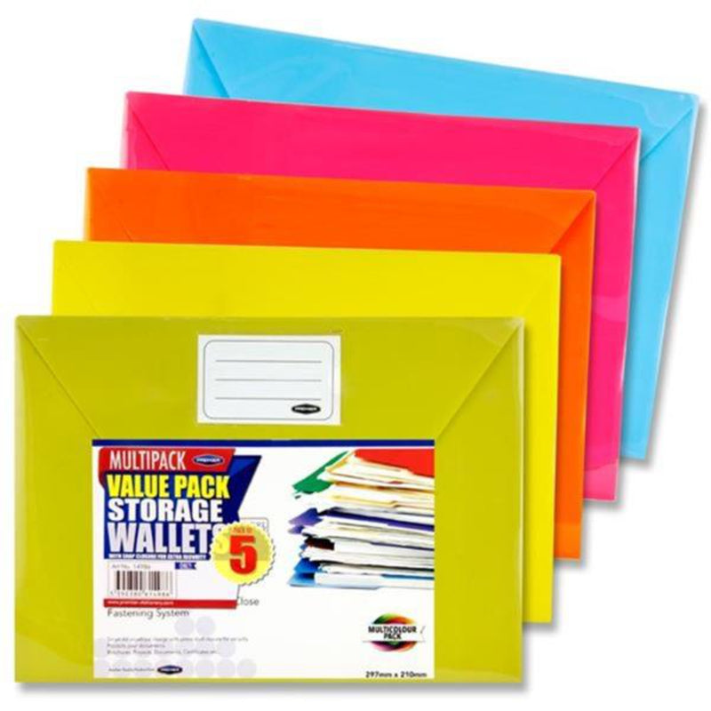 Premier Office Multipack | A4 Button Document Wallet - Multicoloured - Pack of 5