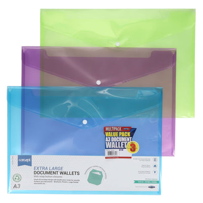 Premier Office Multipack | A3 Document Wallets - Clear - Pack of 3