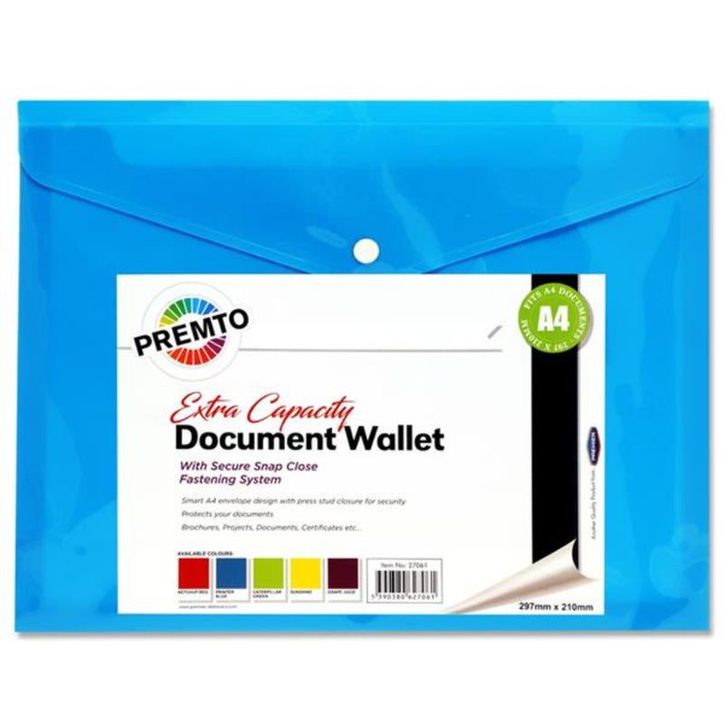 Premto A4 Extra Capacity Document Wallet with Button Closure - Printer Blue