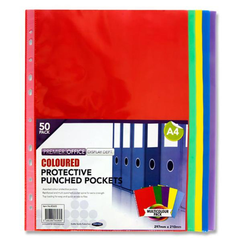 Premier Multipack | Office A4 Punched Pockets - Multicolour - Pack of 50