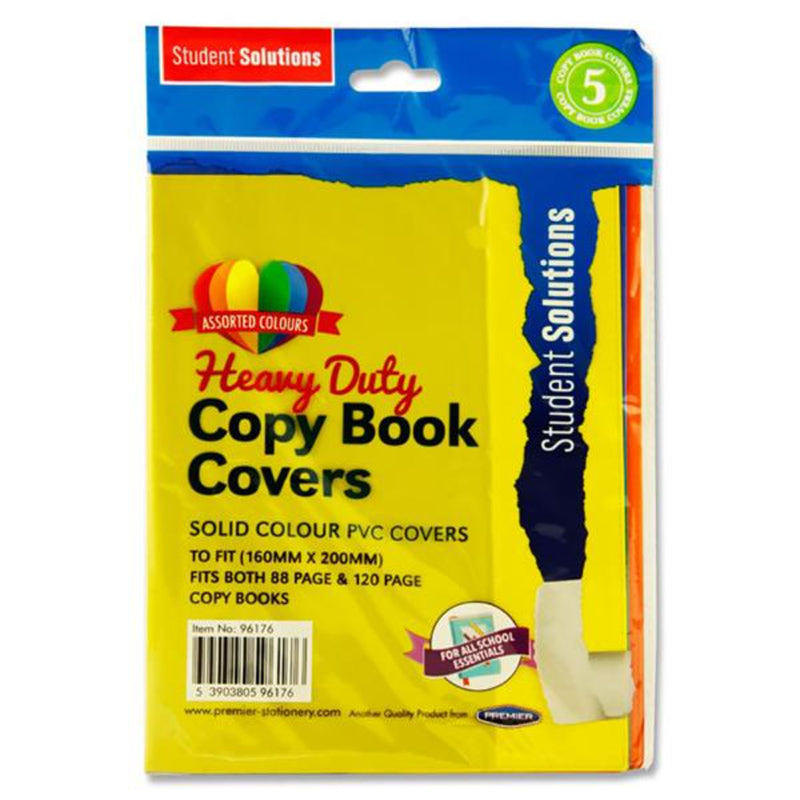 Student Solutions 160x200mm Heavy Duty Copy Book Covers - 5 Solid Colours - Pack of 5