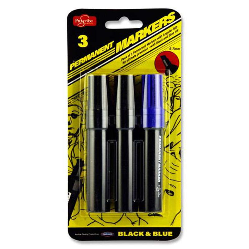 Pro:Scribe Chisel Tip Permanent Markers - Black & Blue - Pack of 3