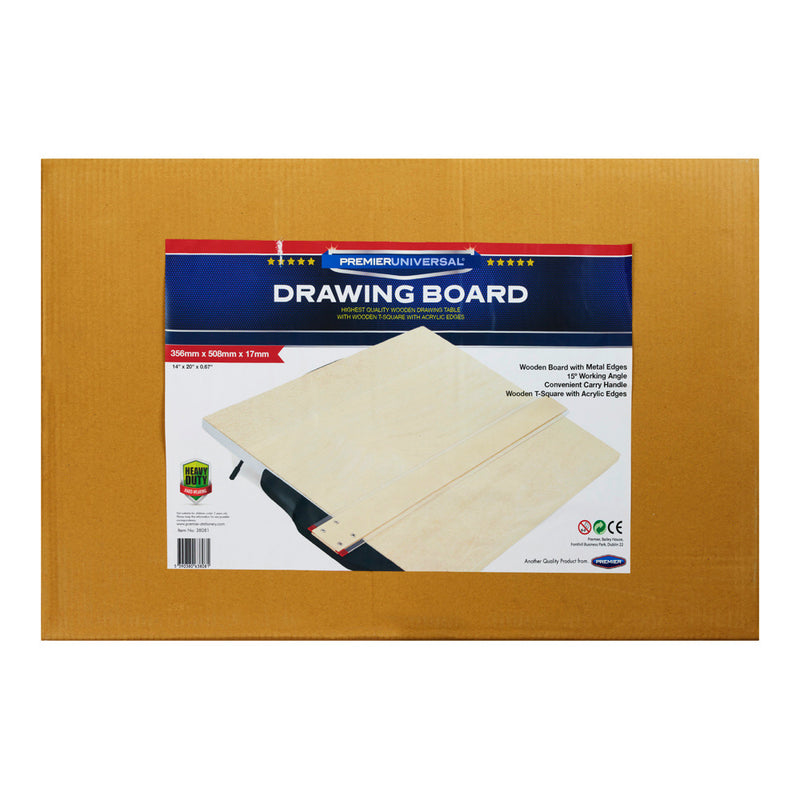 Premier Universal 14x20 Wooden Drawing Board with Metal Edges, T-Square & Carry Handle