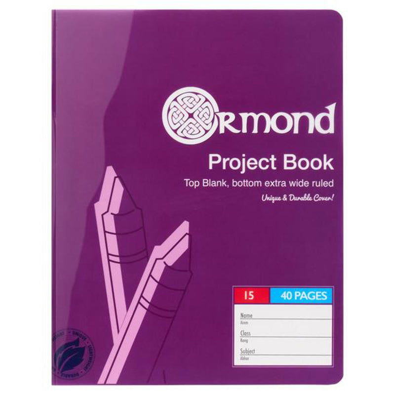 Ormond No.15 Durable Cover Project Book - Top Blank, Bottom Extra Wide Ruled - 40 Pages - Purple