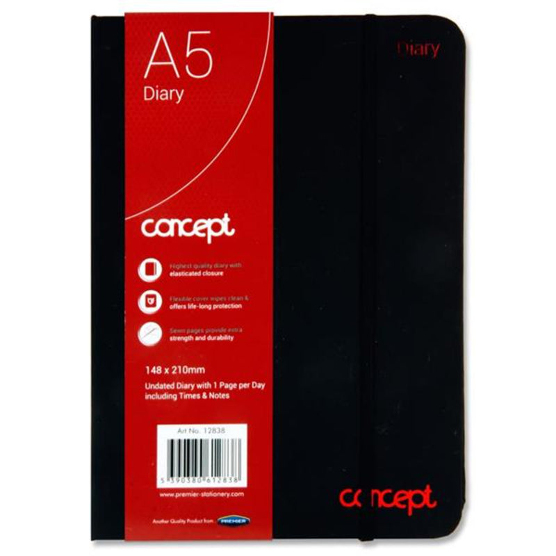 Concept A5 Undated Diary with Times & Notes - Page A Day - Black