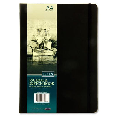 Icon A4 Black Journal & Sketch Book with Elastic Closure - 192 Pages