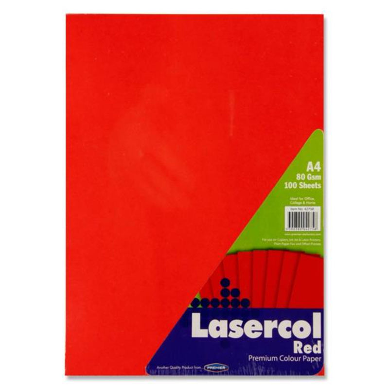 Lasercol A4 Colour Paper - 80gsm - Red - 100 Sheets