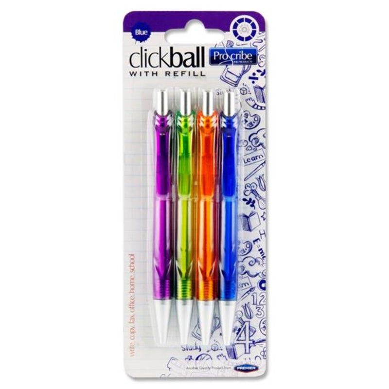 Pro:Scribe Clickball Ballpoint Pen with Refill - Blue Ink - Pack of 4