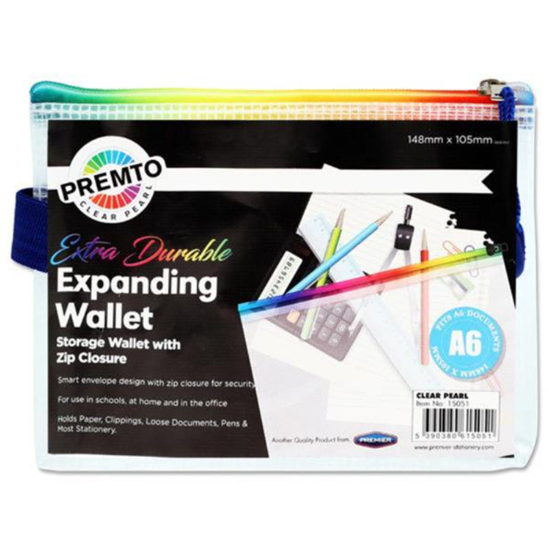 Premto A6 Extra Durable Expanding Wallet wih Rainbow Zip - Clear Pearl