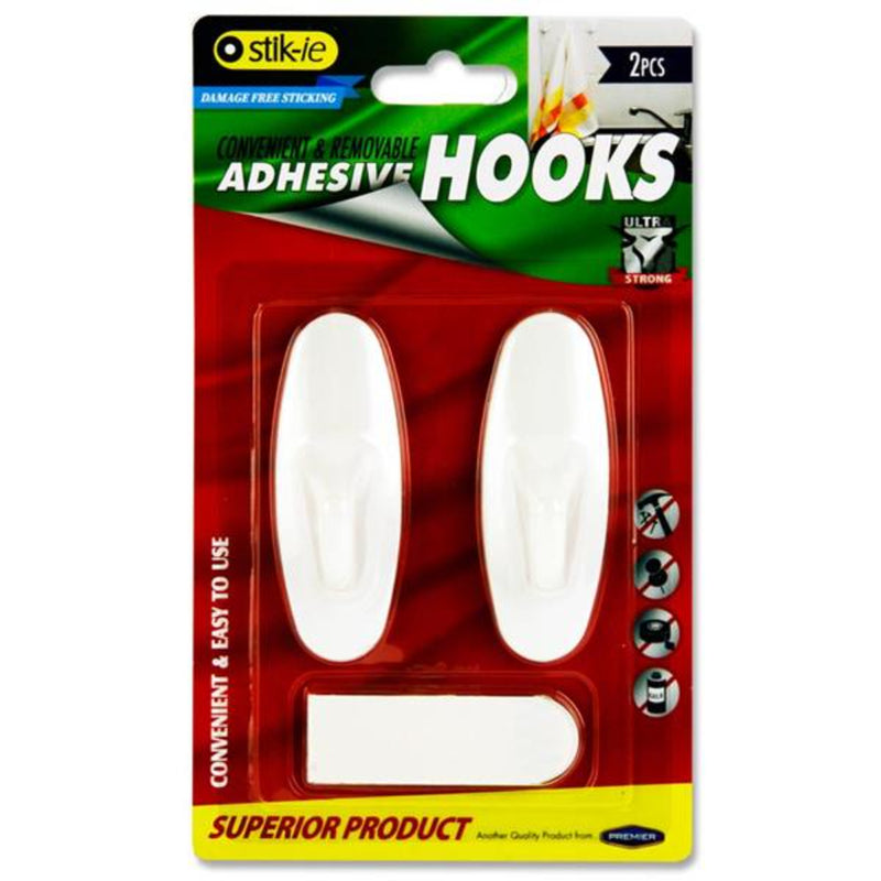 Stik-ie Removable Adhesive Plastic Hooks - 80mm x 29mm - White - Pack of 2