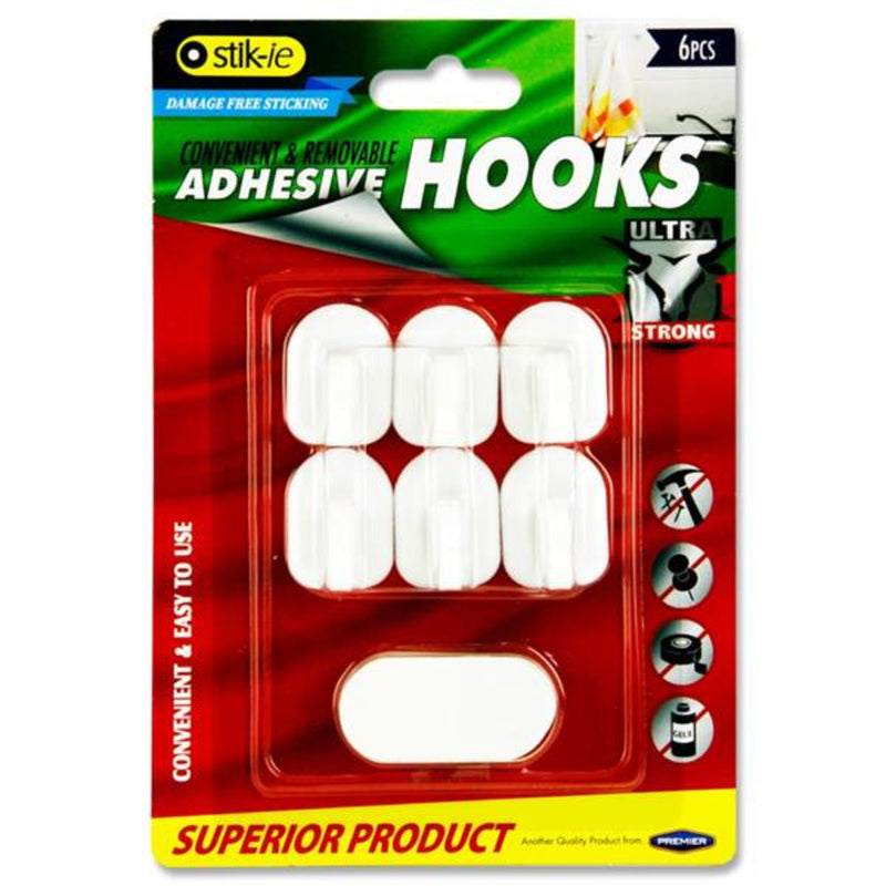 Stik-ie Removable Adhesive Ultra Strong Plastic Hooks - 32mm x 24mm - White - Pack of 6