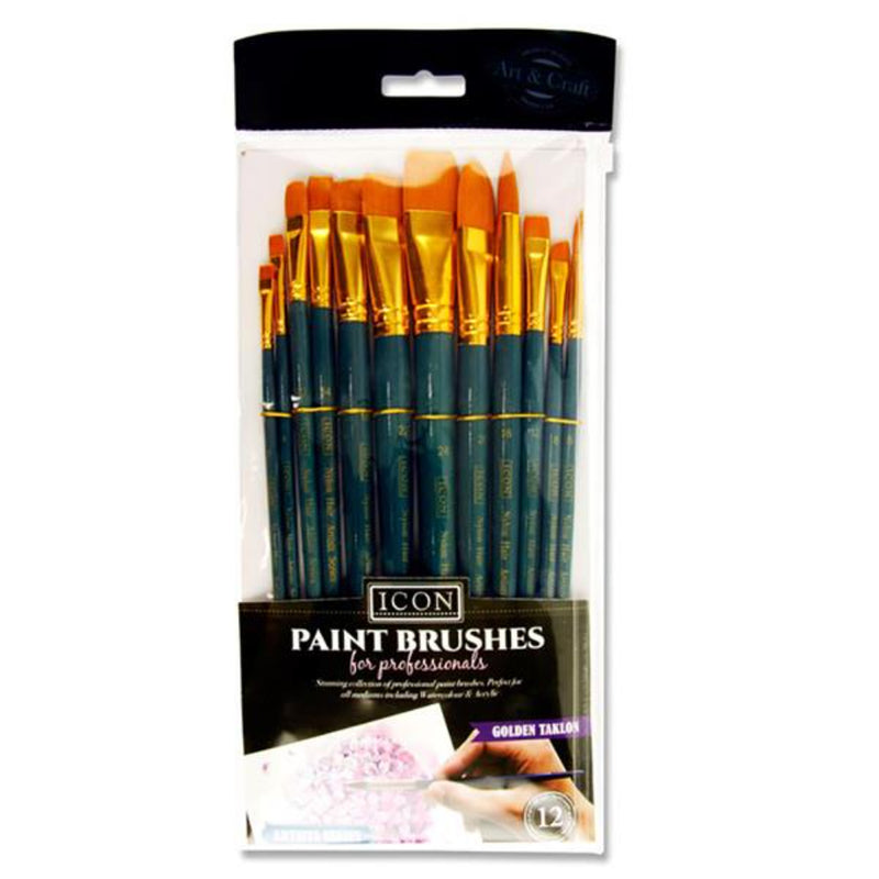Icon Short Handle Brush Set - Med Golden Taklon - 12 Pieces in Wallet