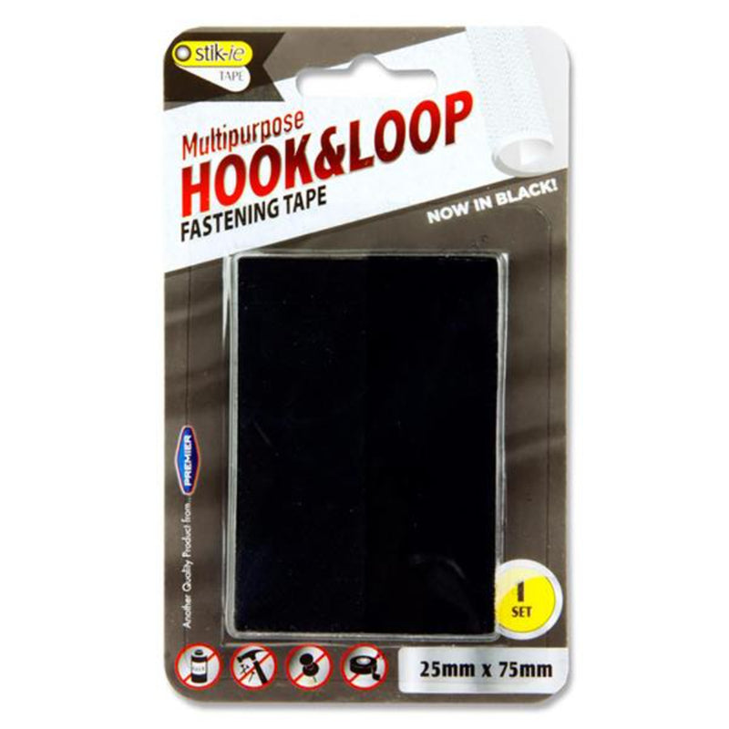 Stik-ie Multipurpose Hook & Loop Fastening Tape Strips - 25x75mm - Black - Pack of 2