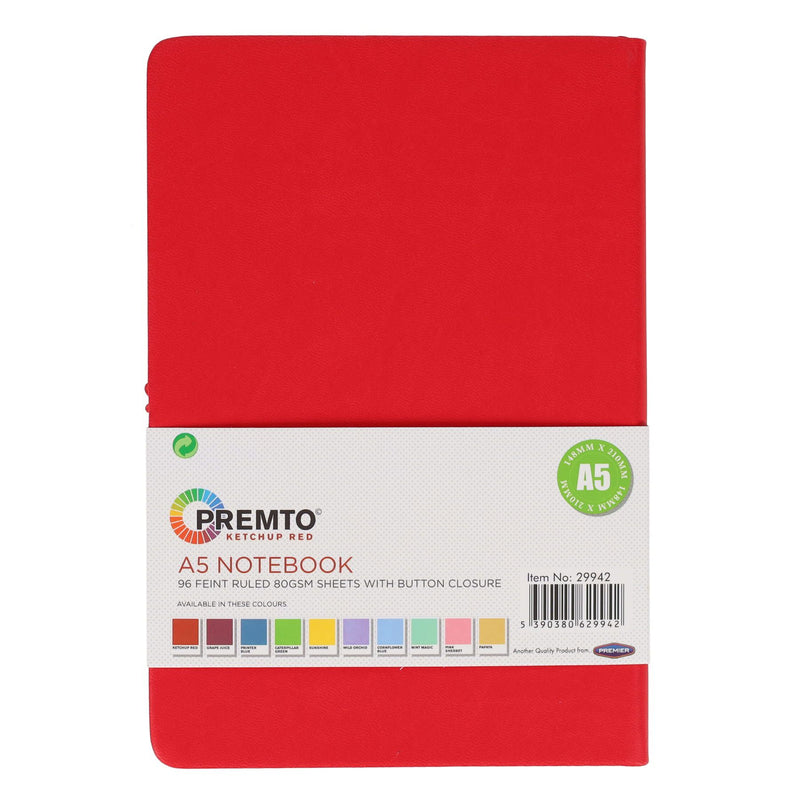 Premto A5 PU Leather Hardcover Notebook with Elastic Closure - 192 Pages - Ketchup Red