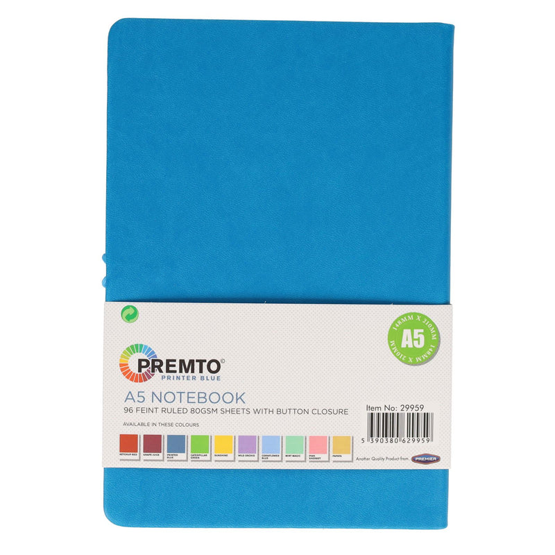 Premto A5 PU Leather Hardcover Notebook with Elastic Closure - 192 Pages - Printer Blue