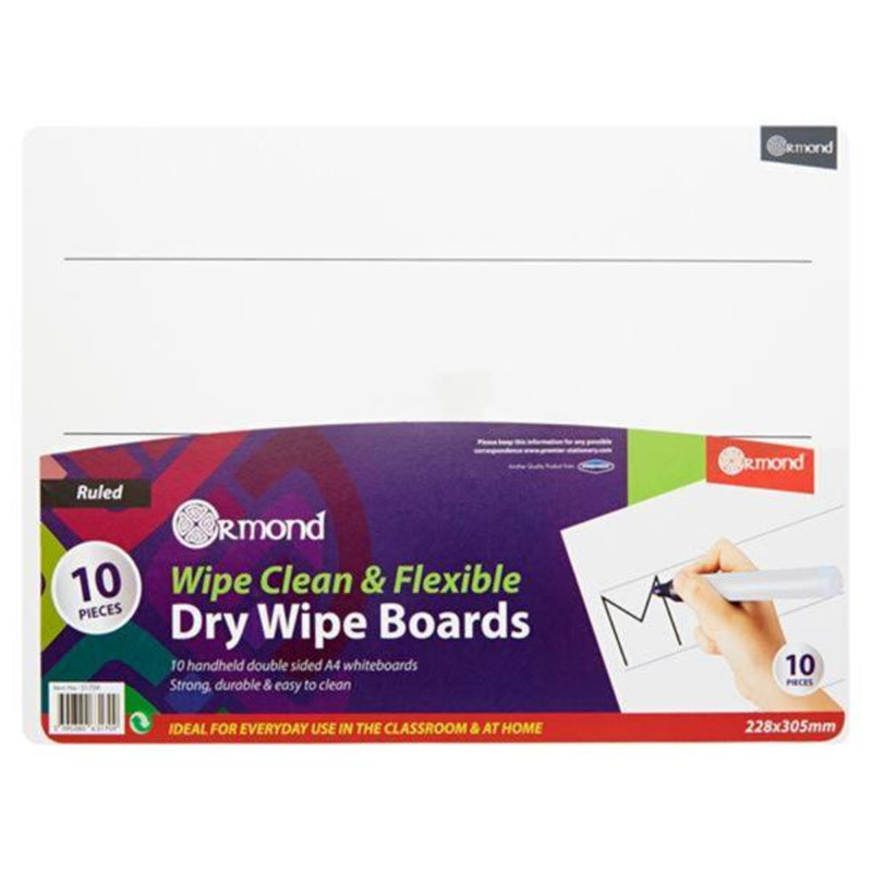 Ormond Dry Wipe Board - Wide Ruled - 228x305mm - Letters - Pack of 10