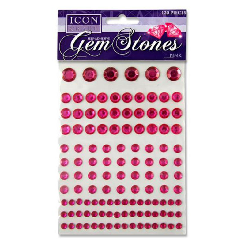 Icon Self Adhesive Gem Stones - Round - Pink in Various Sizes - Pack of 120