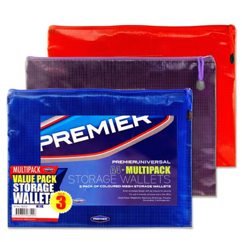 Premier Unviersal Multipack | A4+ Mesh Storage Wallets with Zip - Pack of 3