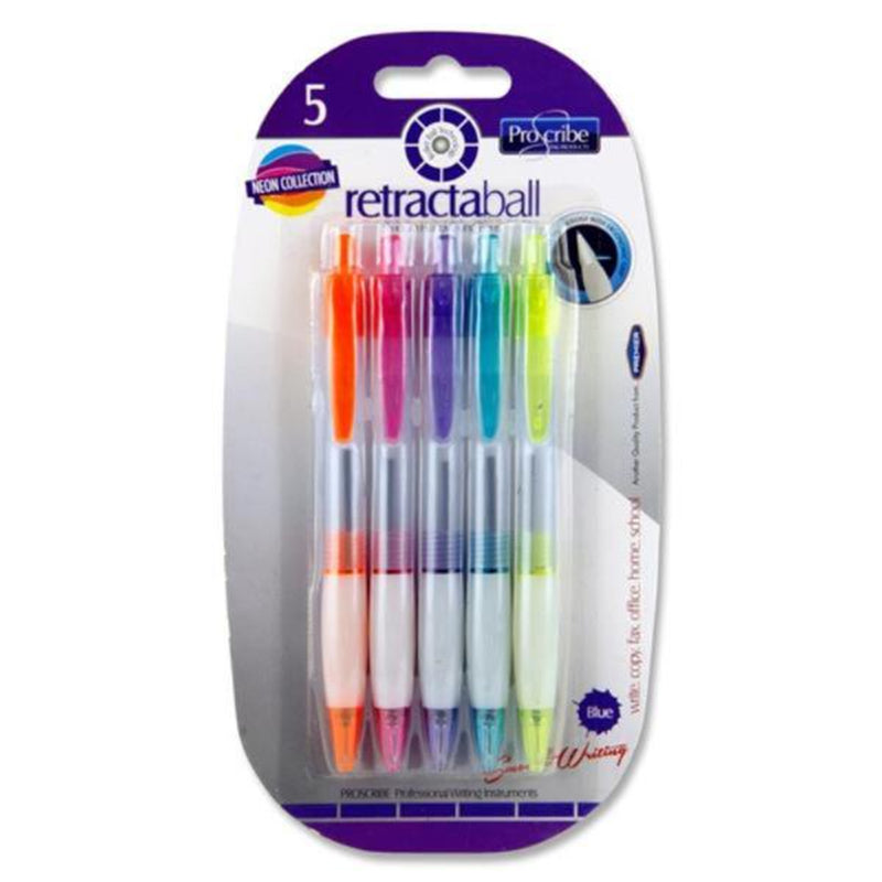 Pro:Scribe Retractaball Ballpoint Pens - Blue Ink - Neon Collection - Pack of 5