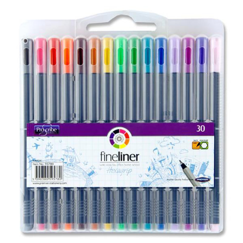 Pro:Scribe Hexagrip Fineliner Pens - Coloured - Box of 30